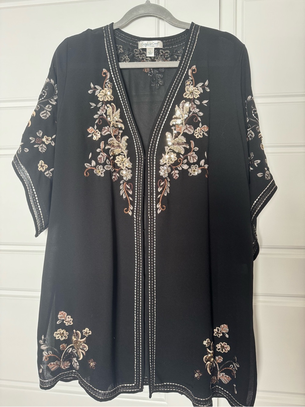 Coldwater Creek Black Embroidered Floral Kimono